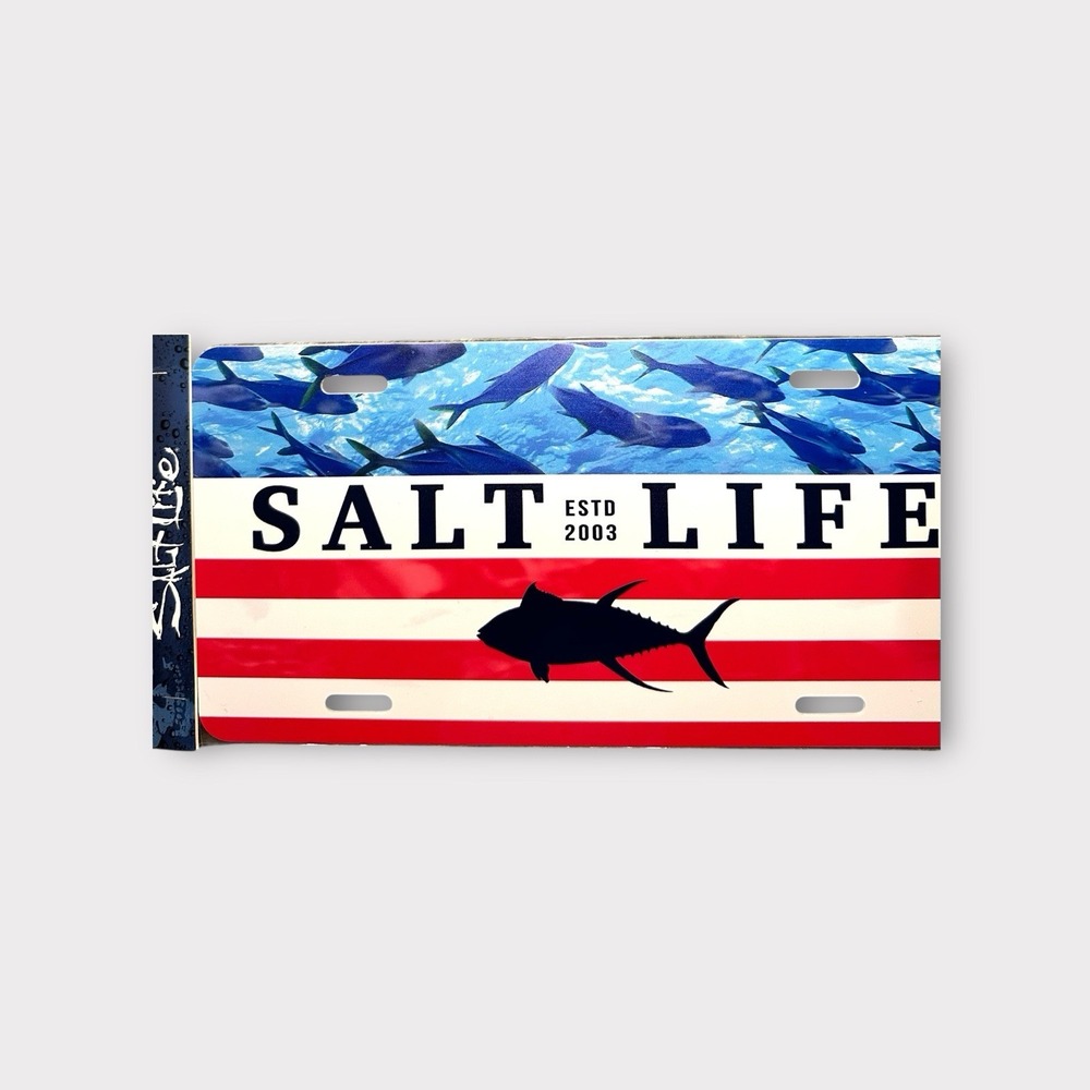 Salt Life Front License Plate Fishing Tuna ESTD 2003 Red White Blue Flag PVC New